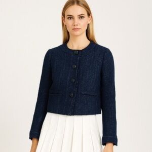 J. Crew navy blue tweed round neck button front lady jacket with frayed edges. 2